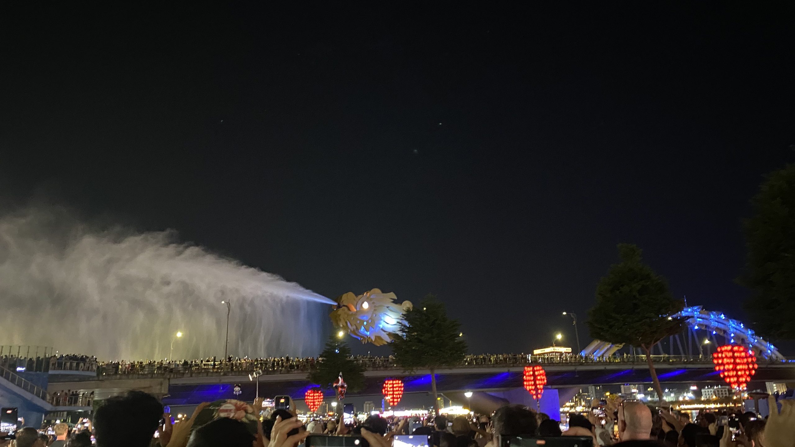 ドラゴンブリッジの水の噴射と川沿いの夜景